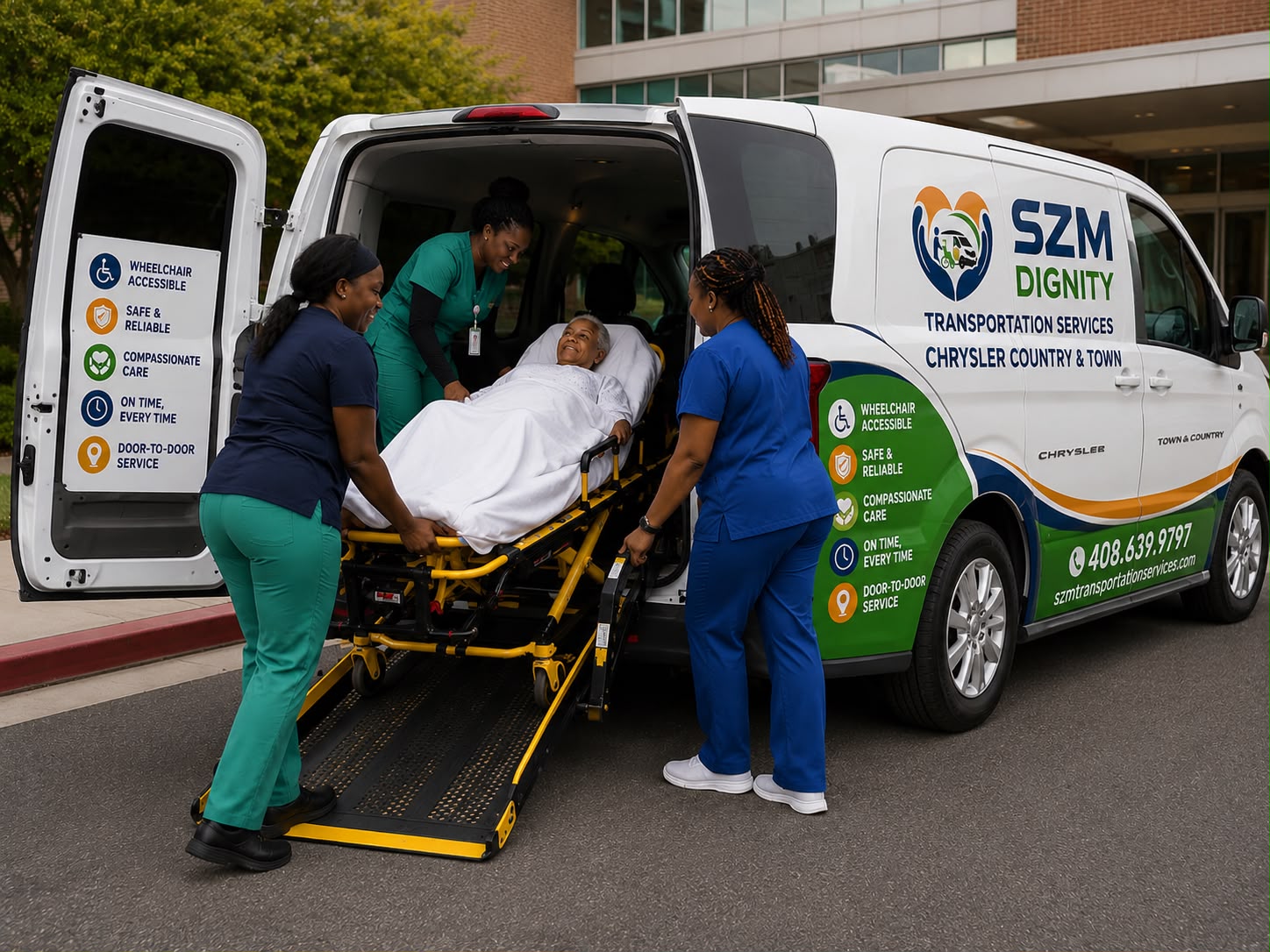 Illustration of a driver assisting a patient into a wheelchair-accessible van